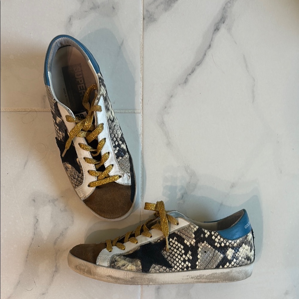 Golden Goose Snakeskin Superstar Sneakers with Gold and Blue Accents